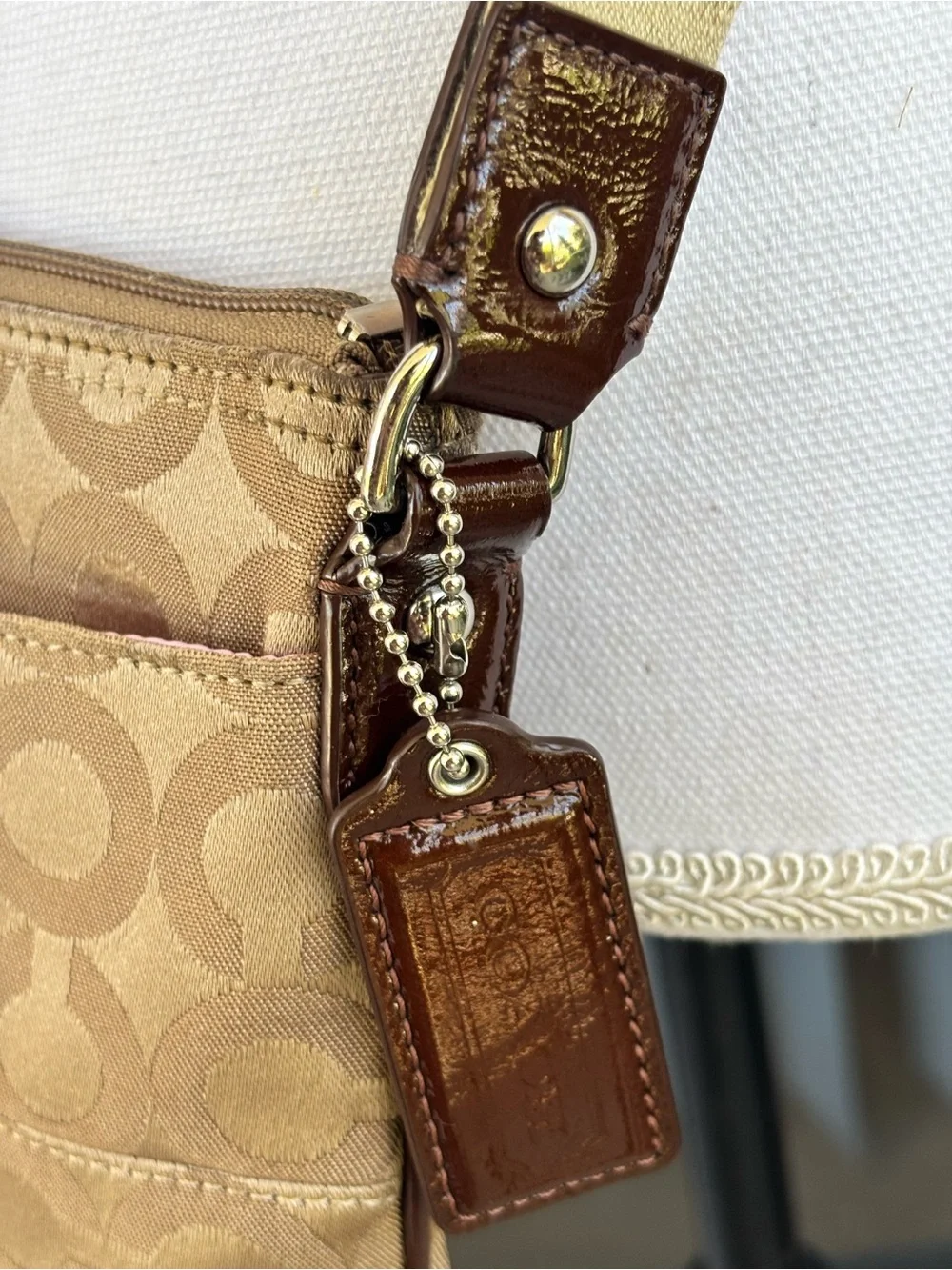 Coach Madison Op Art Signature Jacquard Swingpack Crossbody Beige Brown